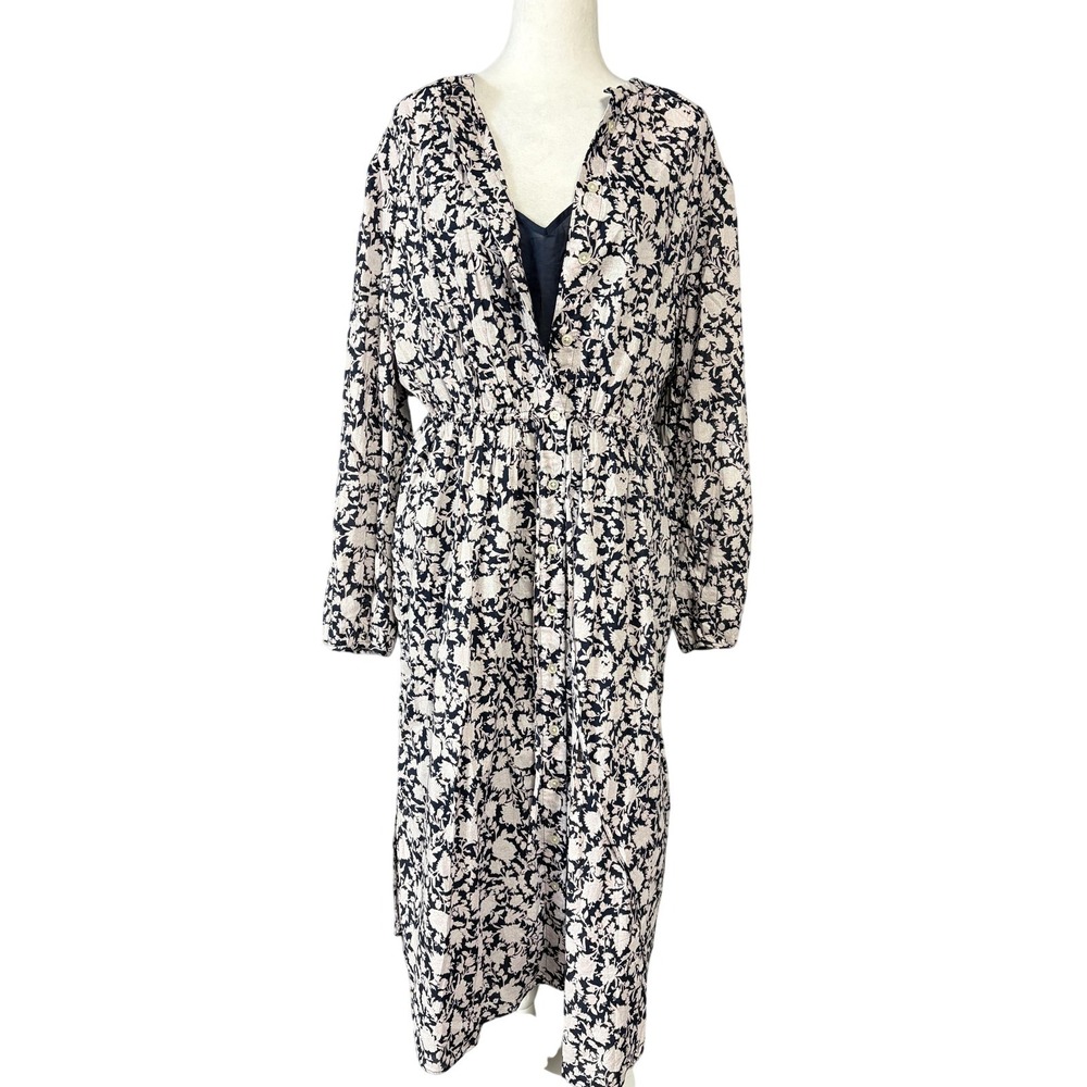 J.Crew Shirt Dress Womens 12 Blue Floral Belted V Neck Long Sleeve Midi AY880